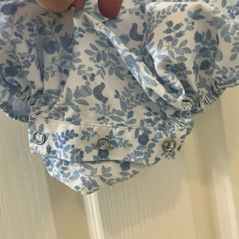 Sweet Dreams Blue Floral Birds Smocked Bubble Romper Girls Size 12 Months